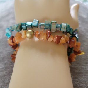 Pair Stretch Gemstone Bracelets; Carnelian chip; Turquoise Blue Mother of Pearl